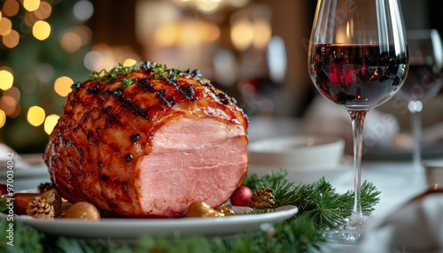 Deliciously glazed ham served with red wine during festive holiday dinner cel...