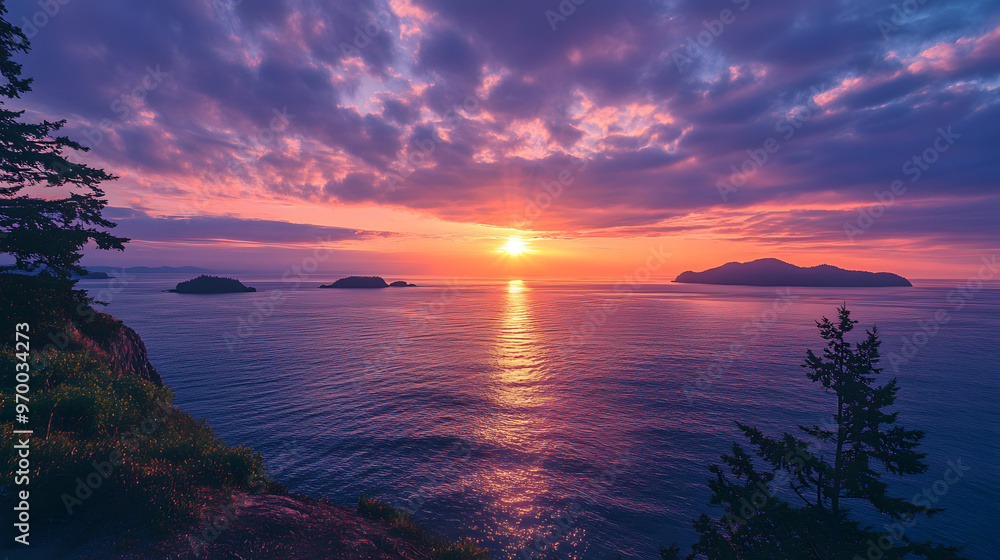 A picturesque ocean view from a coastal trail with the sun setting behind distant islands and the sky ablaze with color. A picturesque ocean view from a coastal trail with the sun setting behind distant islands and the sky ablaze with color.