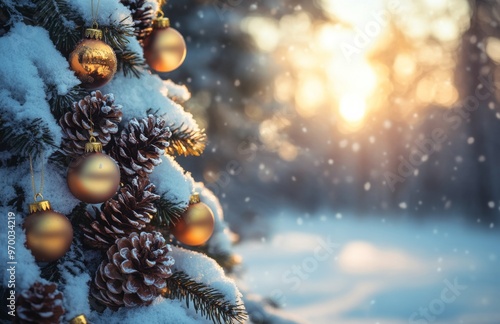 A decorated Christmas tree with ornaments and pinecones in a snowy sunset lan...