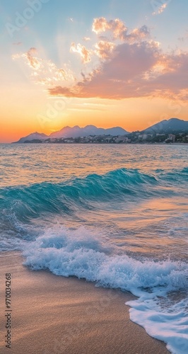 Golden sunset over calm waves at a beach with distant hills in the background