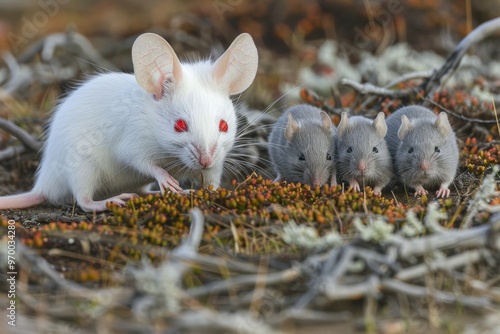 One white albino laboratory mouse with red eyes and three gray little mice sitting in dry grass. Cute little rodent muzzles close up, pet animal and veterinary concept.