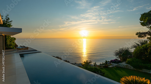 A picturesque ocean view from a coastal villa with the sun setting over the calm water and casting a golden reflection. photo