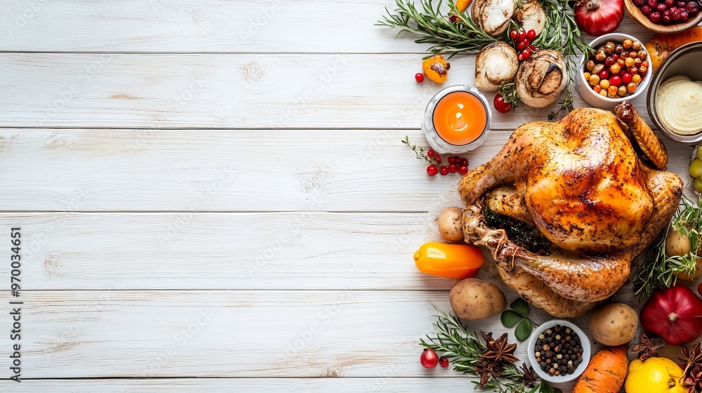 Thanksgiving feast with roasted turkey and vegetables on a white wooden table Thanksgiving feast with roasted turkey and vegetables on a white wooden table