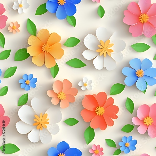 Colorful Paper Flowers and Leaves on a Cream Background.