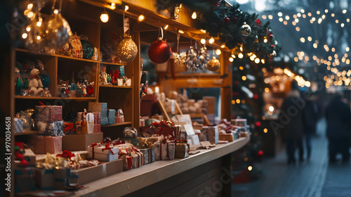 A Christmas market stall filled with handmade crafts and small wrapped gifts twinkling lights overhead.