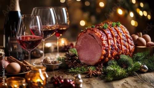 Glazed ham with red wine graces a festive winter dinner table