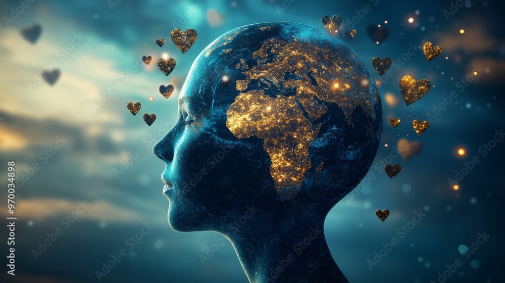 The Earth and hearts surround a human head, representing global love and environmental awareness. Eco-friendly practices are essential for the planet's health. The Earth and hearts surround a human head, representing global love and environmental awareness. Eco-friendly practices are essential for the planet's health.