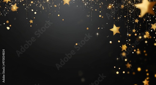 Golden stars on a dark background create a sparkling festive atmosphere for c...