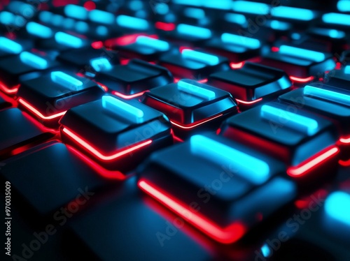 Futuristic digital landscape with glowing blue and red circuit patterns in a ...