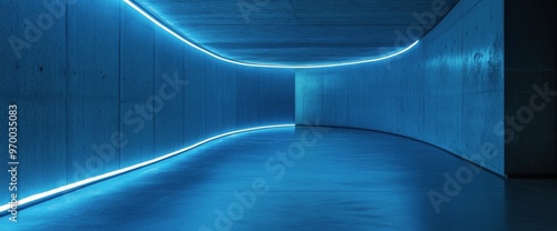 Futuristic illuminated hallway with glowing blue neon lights and smooth concr...