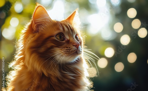 A golden cat gazes thoughtfully in a sunlit garden surrounded by twinkling li...