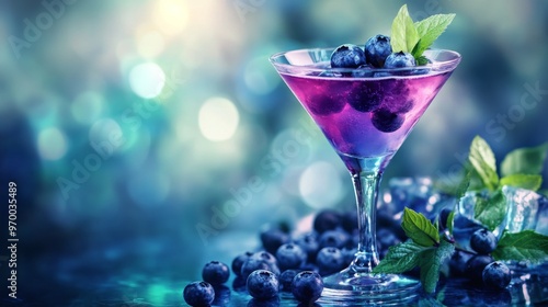 Refreshing berry cocktail garnished with mint and blueberries on a colorful b...