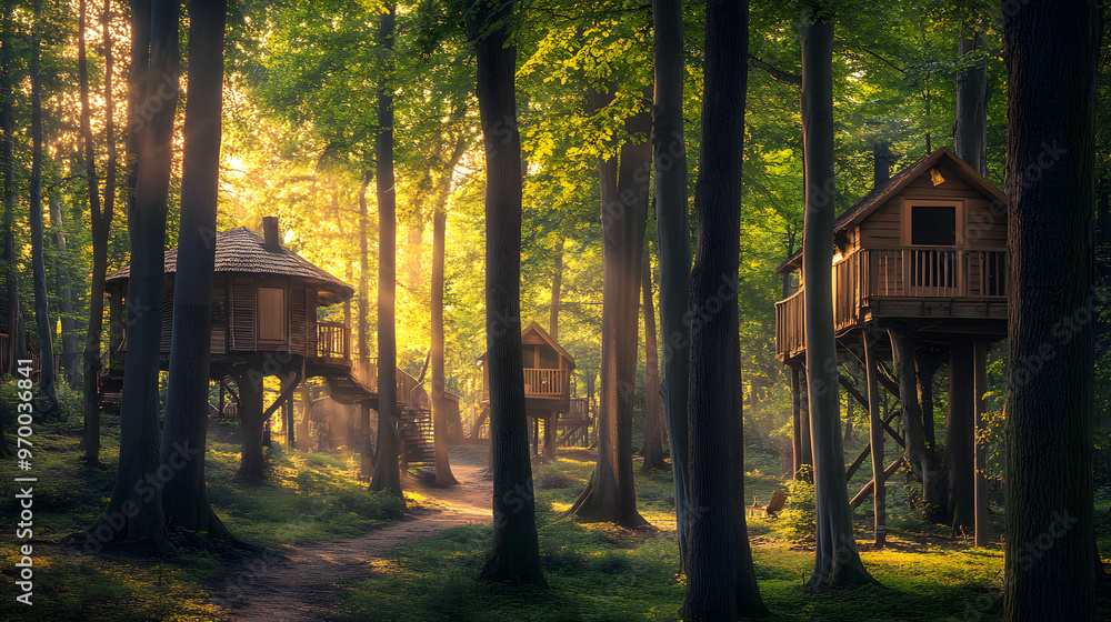 A serene forest scene with treehouses nestled among ancient towering trees. A serene forest scene with treehouses nestled among ancient towering trees.