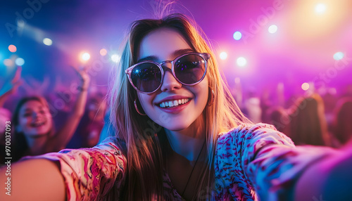 selfie of a young lady enjoying dj party at club, music festival 