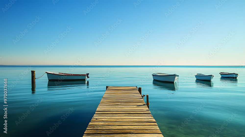 Fototapeta premium A serene ocean view from a peaceful dock with boats gently bobbing on the calm water under a clear blue sky.