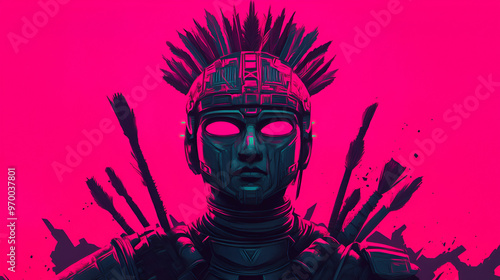 Futuristic Cyberpunk Warrior with Feathers and Glowing Eyes on a Pink Background