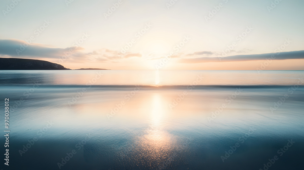 Obraz premium A serene ocean view from a secluded beach with the sun rising over the calm water and creating a soft golden reflection.
