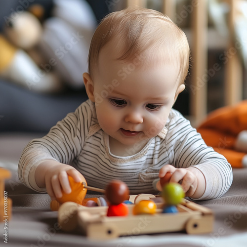 A baby playing with wooden educational toys at home