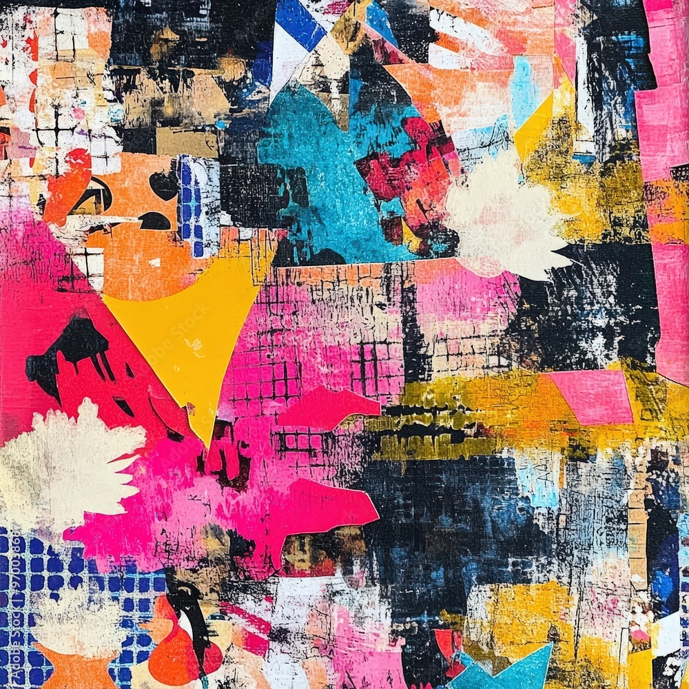 Fototapeta premium Contemporary abstract collage pattern with vibrant colors and textures.