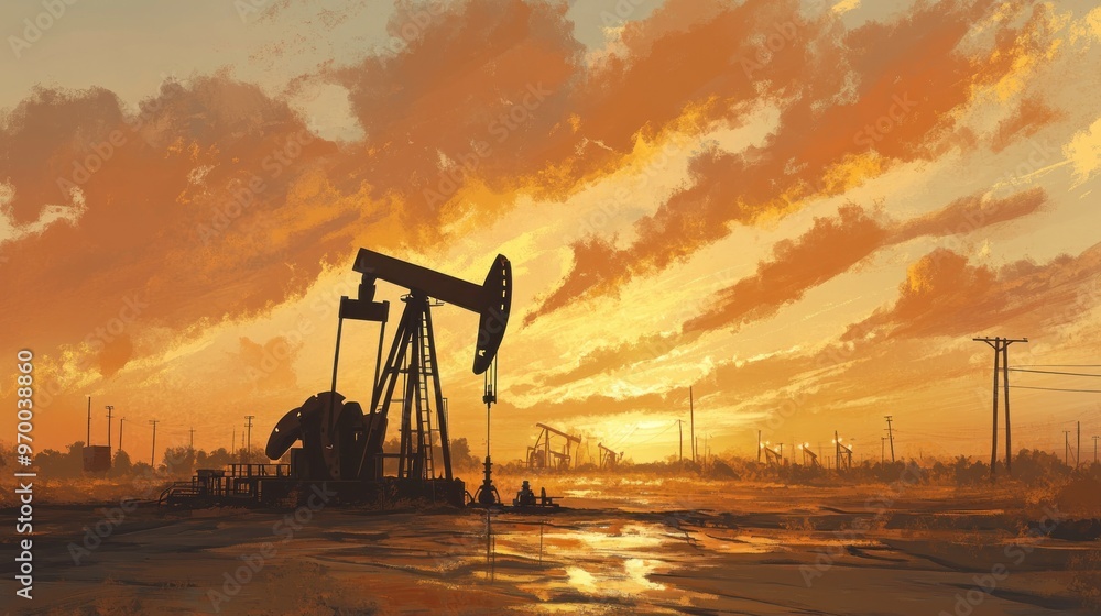 Silhouette of an oil pump jack at sunset with a golden sky Silhouette of an oil pump jack at sunset with a golden sky