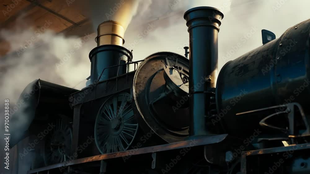 The camera slowly zooms in on an ancient, steam-powered locomotive as it idles on the tracks, surrounded by clouds of steam. The camera slowly zooms in on an ancient, steam-powered locomotive as it idles on the tracks, surrounded by clouds of steam.