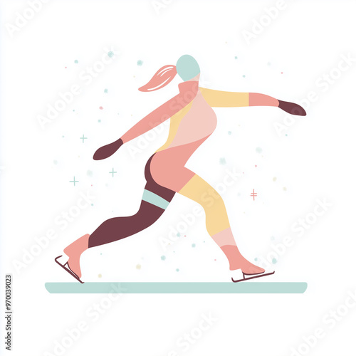 Minimalist illustration of a woman ice skating, dressed in winter attire, in warm pastel colors on a white background.