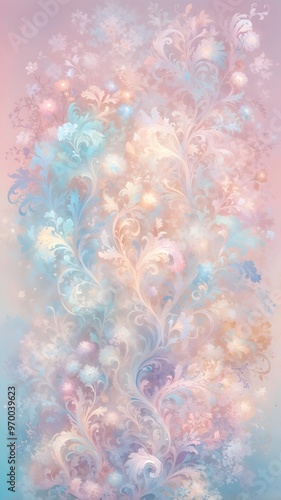 Soft pastel swirl of floral patterns with delicate textures and subtle lights creates a dreamy atmosphere in an abstract design