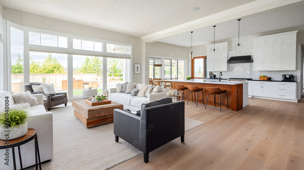 A spacious living area with an open floor plan and modern decor. A spacious living area with an open floor plan and modern decor.