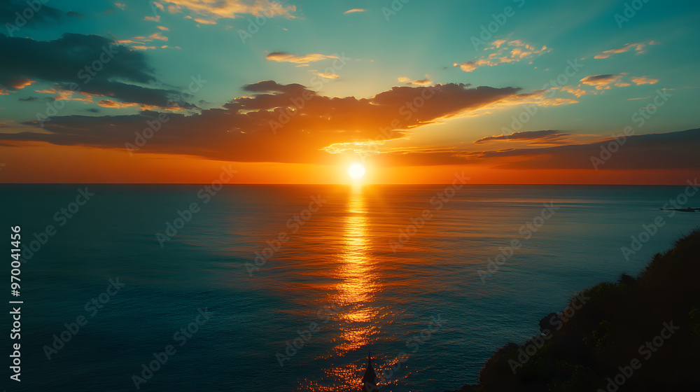 A stunning ocean view from a hilltop temple with the sun setting over the calm sea and the sky ablaze with color.