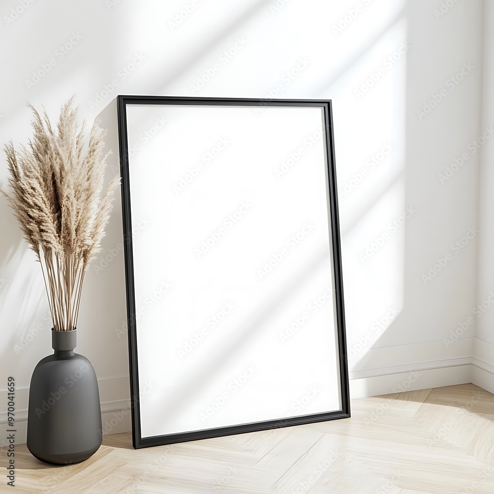 Black frame mockup with pampas grass in vase on wooden floor and white wall with sunlight Black frame mockup with pampas grass in vase on wooden floor and white wall with sunlight