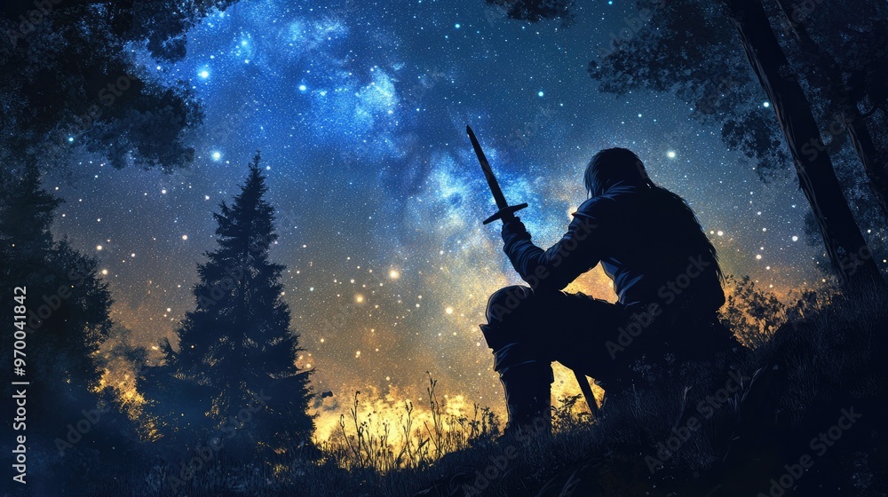 Silhouetted Warrior Under the Stars. Silhouetted Warrior Under the Stars.