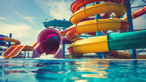 Fototapeta Naklejka Na Ścianę i Meble -  A colorful water park with twisting slides and a splash pool under a bright blue sky, capturing the excitement and fun of summer recreation.