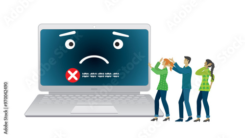 Cyber attack or operation crash by mistake, software update, server down, group of people who are terrified looking at laptop outage, error, failure in organization about security. Vector illustration