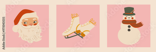 
Retro holiday cards. Set of vintage christmas illustration: santa claus, ice skates, snowman.
