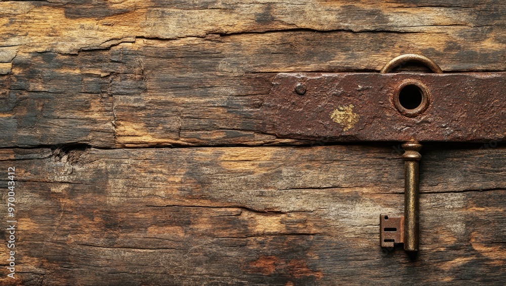 Old Rusty Key on Weathered Wood. Old Rusty Key on Weathered Wood.