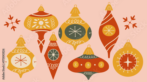 Retro vintage Christmas balls isolated. A set of toys for a Christmas tree of different shapes in  modern style.