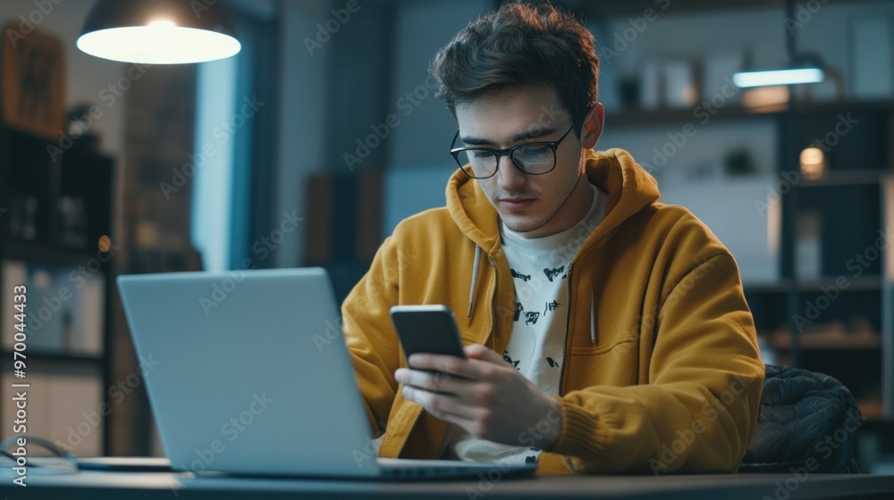 Obraz premium Young Man Using Smartphone and Laptop