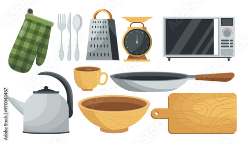 Set of kitchenware. Teapot, green mitten, cutting board. Microwave, grater and frying pan. Cooking and food preparation. Social media stickers. Flat vector collection isolated on white background