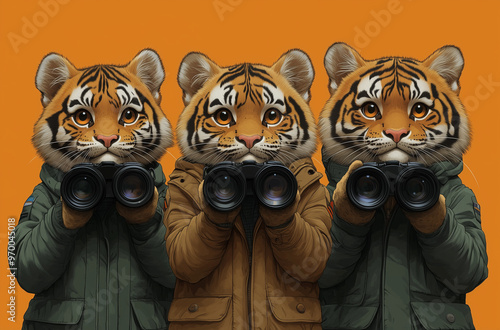 Three Charming Tangerine Tigers Dressed for a Spectacular Show photo