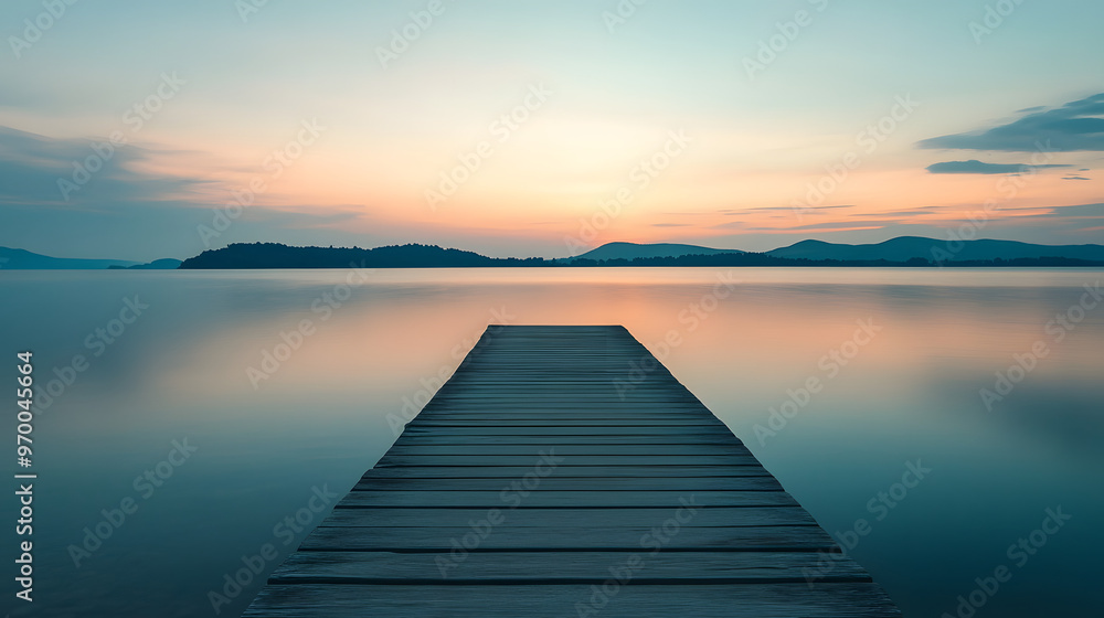 A tranquil ocean view from a peaceful pier with the sun setting behind distant hills and calm water reflecting the sky. A tranquil ocean view from a peaceful pier with the sun setting behind distant hills and calm water reflecting the sky.
