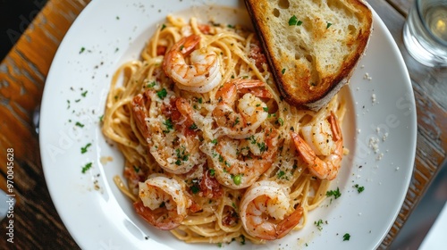 Shrimp Scampi Pasta with Garlic Bread.