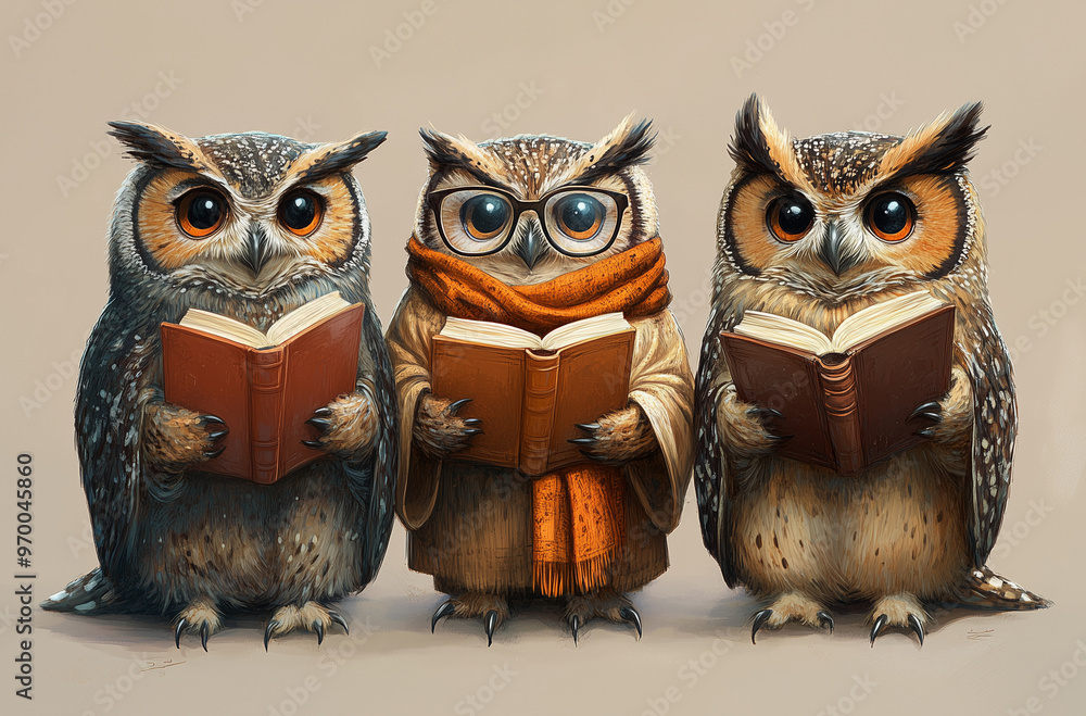 Fototapeta premium Wisdom and Whimsy: Three Delightful Maroon Owls Ready for a Wise Night Out