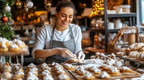 Woman Joyfully Baking Festive Cookies in a Holiday Decorated Kitchen Filled with Warmth