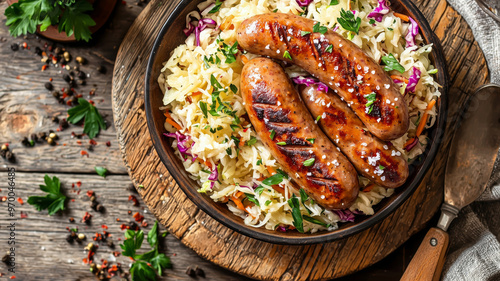 Savoring a delicious Bavarian feast featuring sausages, pretzels, sauerkraut, and vibrant coleslaw on a rustic wooden table photo