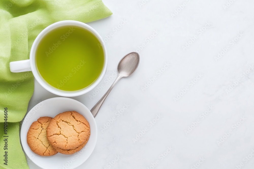 Cup of Green Tea with Butter Cookies and Green Napkin on Light Background. Minimalist Food Photography for Cozy Food Blogs, Lifestyle Banners, and Marketing with Copyspace for Text.
Cup of Green Tea with Butter Cookies and Green Napkin on Light Background. Minimalist Food Photography for Cozy Food Blogs, Lifestyle Banners, and Marketing with Copyspace for Text.