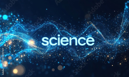 Futuristic digital science concept with glowing blue particles and waves, highlighting the word science in a dynamic and cosmic style