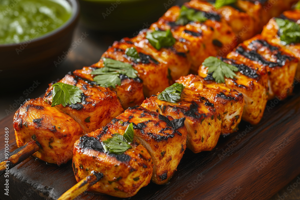 Sizzling chicken tikka kabab skewers cooked to perfection with vibrant spices, served on a wooden platter with fresh herbs Sizzling chicken tikka kabab skewers cooked to perfection with vibrant spices, served on a wooden platter with fresh herbs