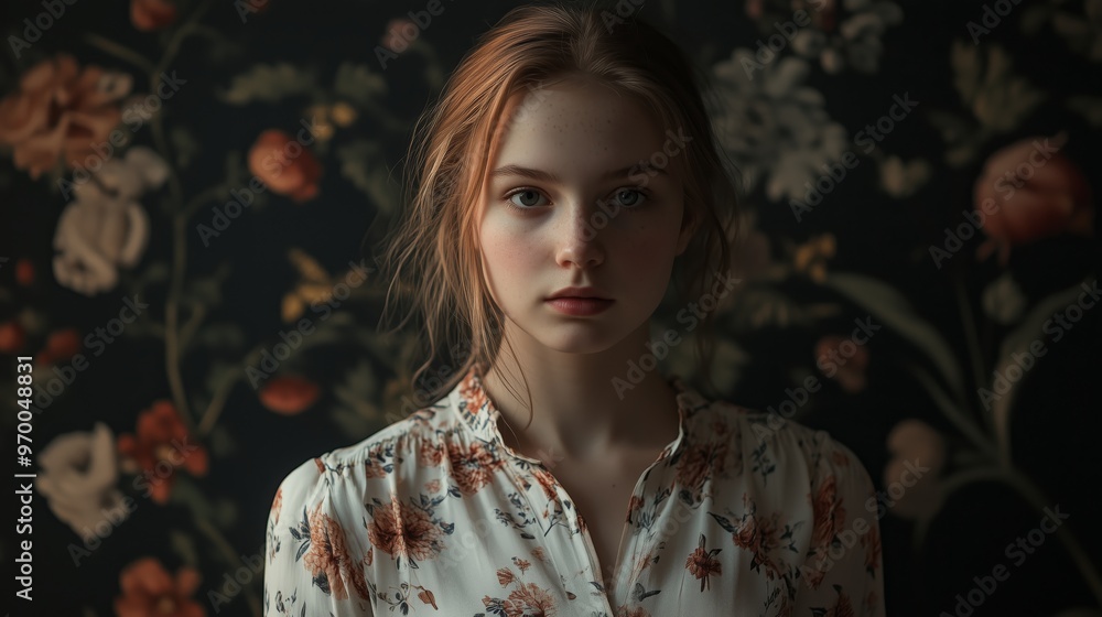 Portrait of a beautiful young woman wearing a vintage floral blouse. Blonde haired woman looking at the camera. Portrait of a beautiful young woman wearing a vintage floral blouse. Blonde haired woman looking at the camera.