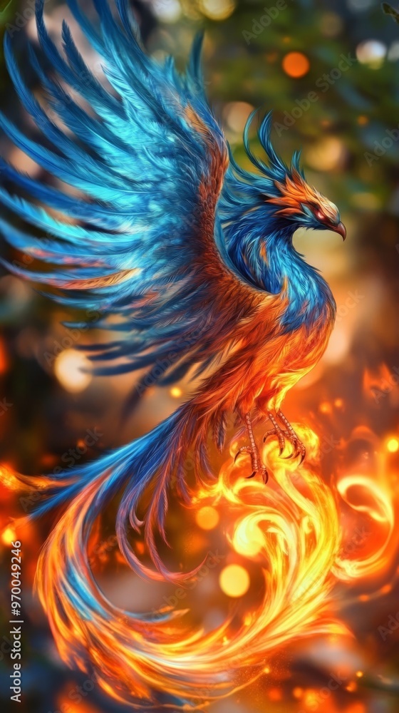 Obraz premium Majestic phoenix with vibrant blue and orange feathers rising from flames