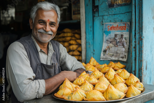 A proud Halwai showcasing freshly made samosas in a bustling sweet shop on a sunny afternoon in India photo